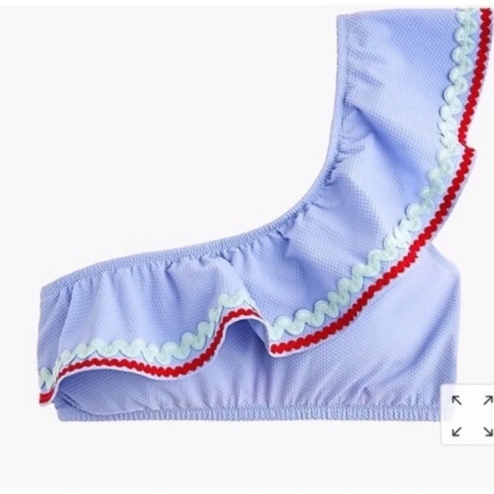 J. Crew High‎ Waist One Arm Top Ruffle Rickrack Bikini Set Blue Size S/M Preppy